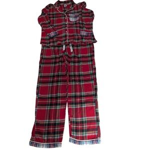 Lands End Red Plaid Flannel Pajama Set Long Sleeve Button Up Pants Women's L